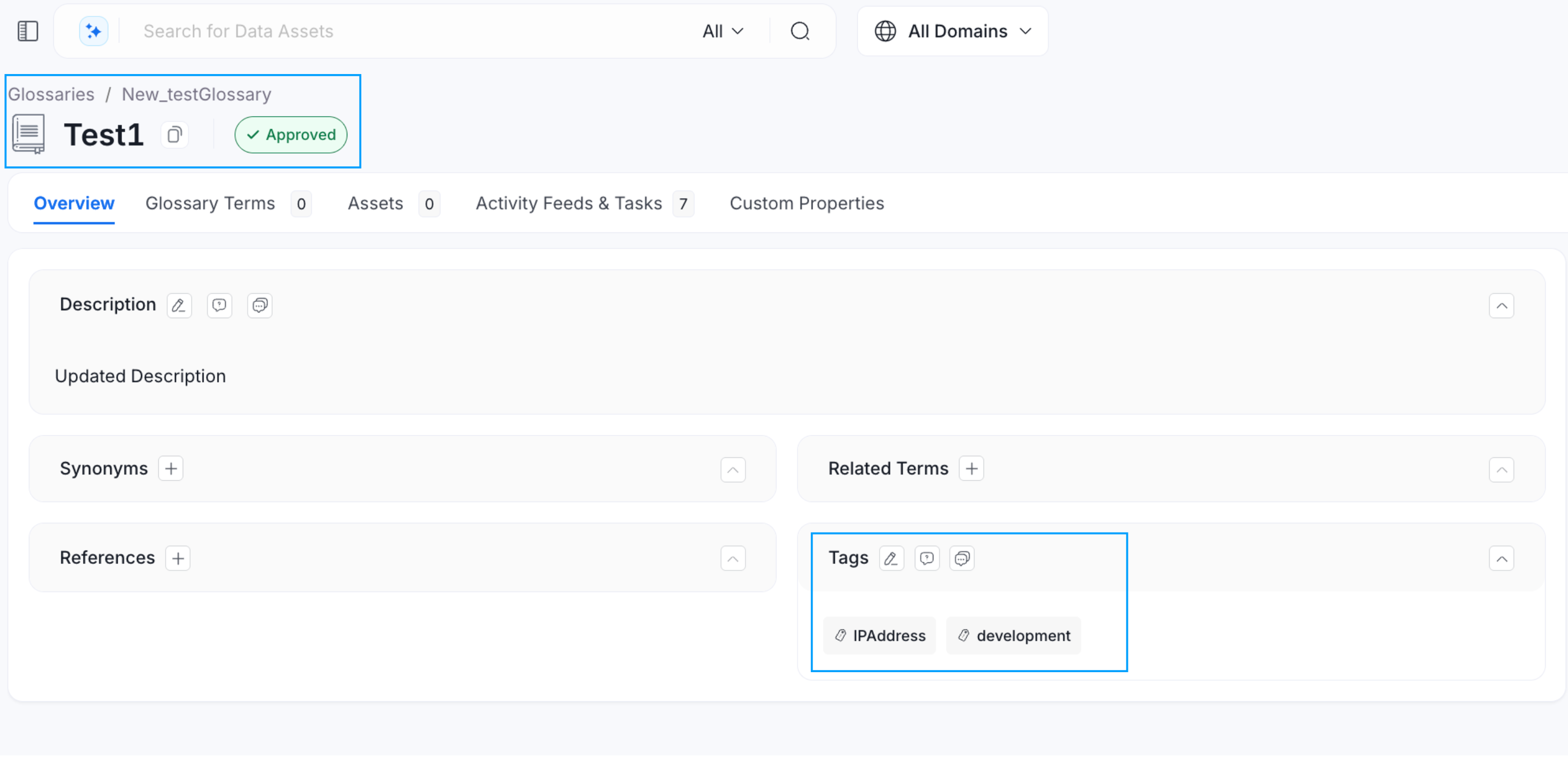 Glossary Term and Associated Tags