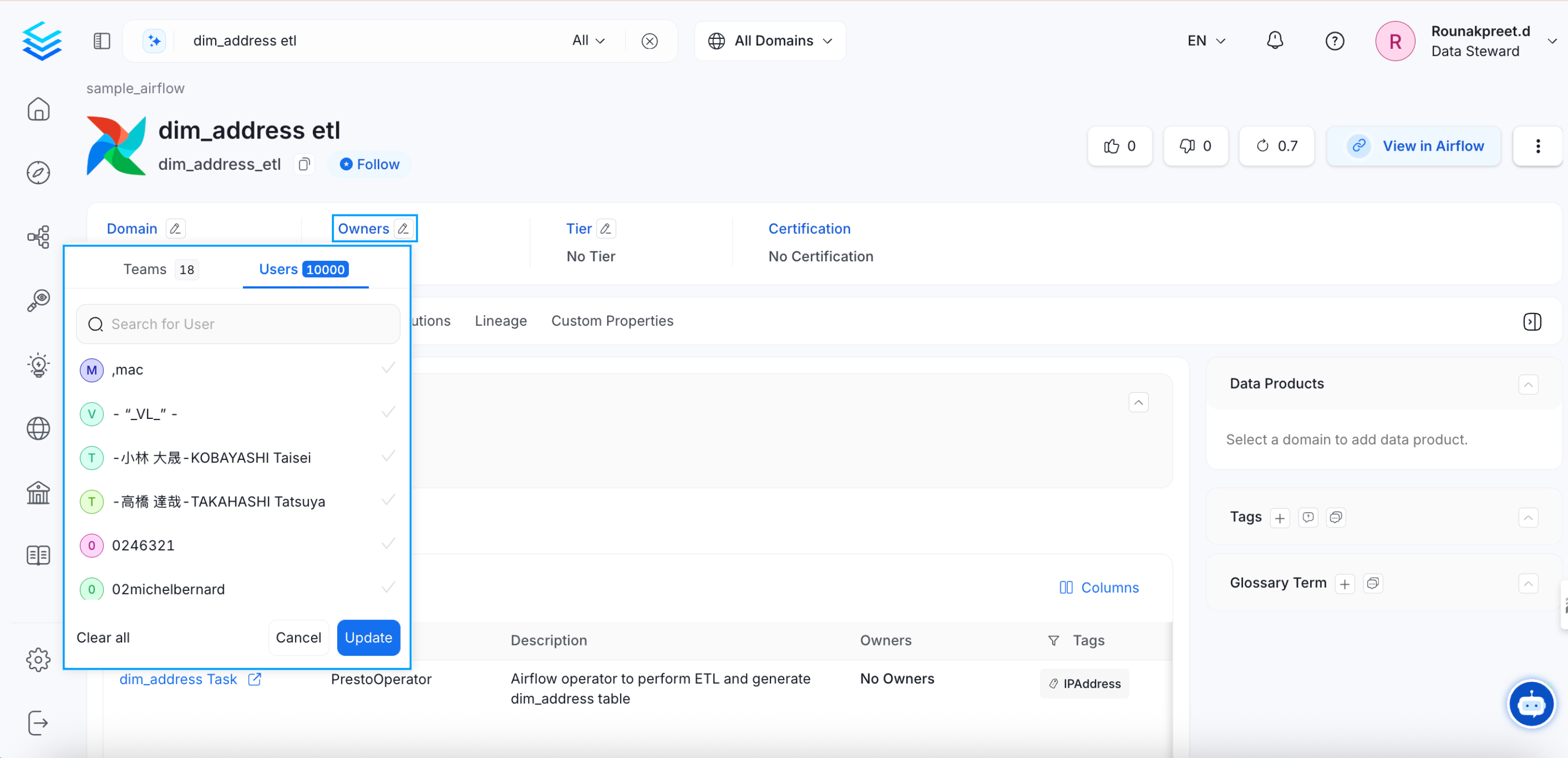 Change the Owner of the Data Asset