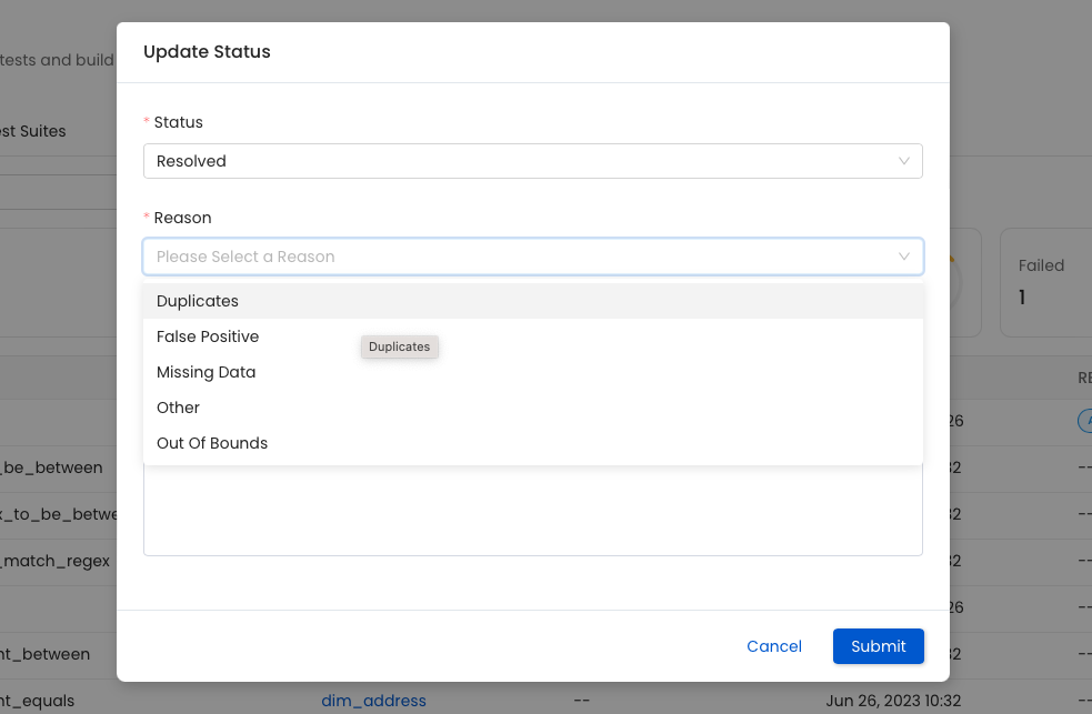 Test suite results table